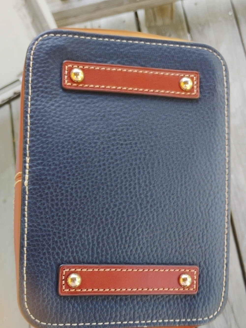 Dooney & Bourke Navy and Tan Pebble Leather Drawstring Bucket Shoulder Bag - Picture 7 of 10